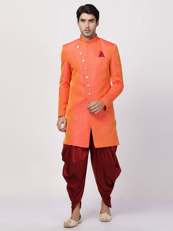 Men's Orange Silk Blend Sherwani Set - Vastramay