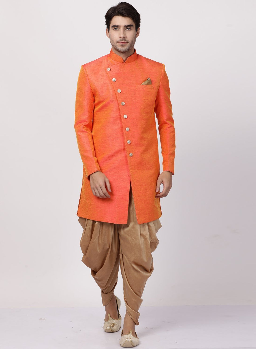 Men's Orange Silk Blend Sherwani Set