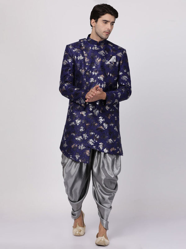 Men's Blue Silk Blend Sherwani Set - Vastramay