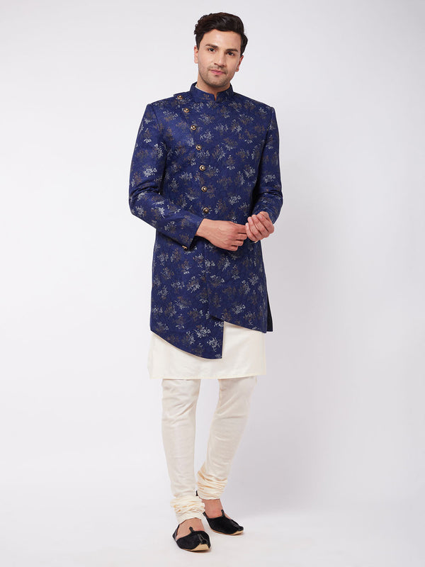 Jashvi Men's Blue Angrakha Style Indo Western Over Cream Kurta Pyjama Set