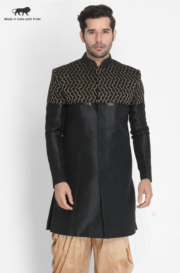 Men's Black Silk Blend Sherwani Only Top - Vastramay