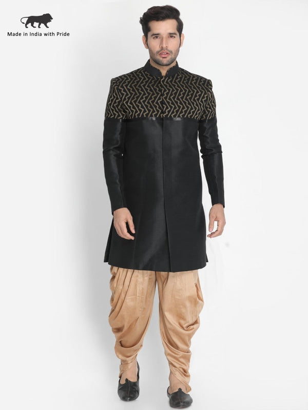 Jashvi Men's Black Silk Blend Sherwani Set