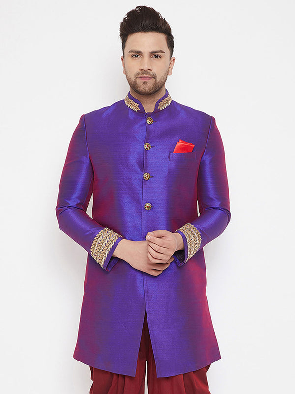 Jashvi Men's Purple Silk Blend Sherwani Top