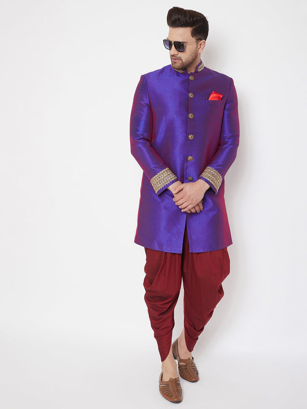 Jashvi Men's Purple Silk Blend Sherwani Set