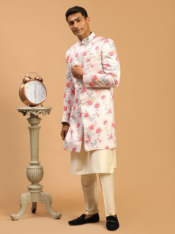 Jashvi Men's Multicolor Base Peach Silk Blend Sherwani with Kurta Pant Set