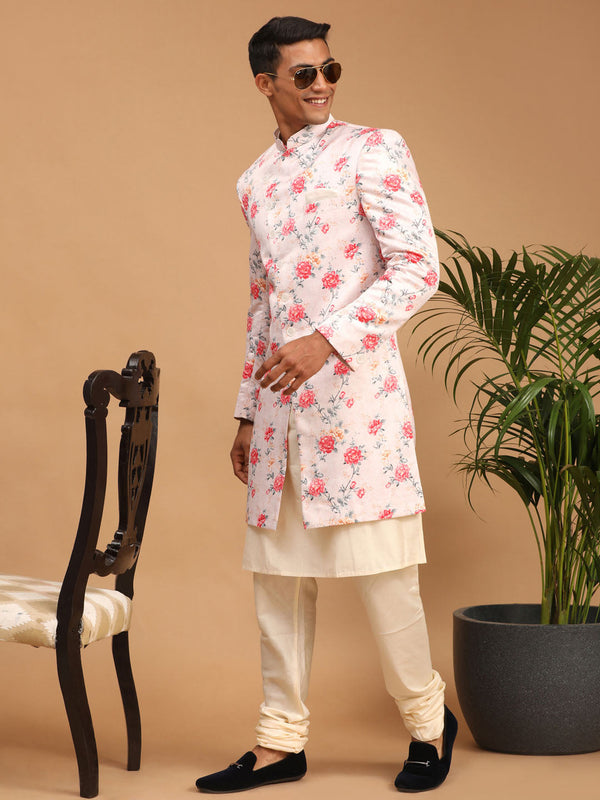 Jashvi Men's Multicolor Base Peach Silk Blend Sherwani With Kurta Pyjama Set