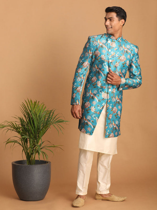 Jashvi Men's Multicolor Base Blue Silk Blend Sherwani With Kurta Pant Set