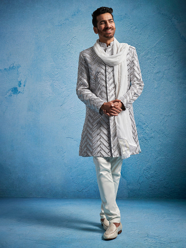 Jashvi Men's Aqua Silk Blend Sherwani Set