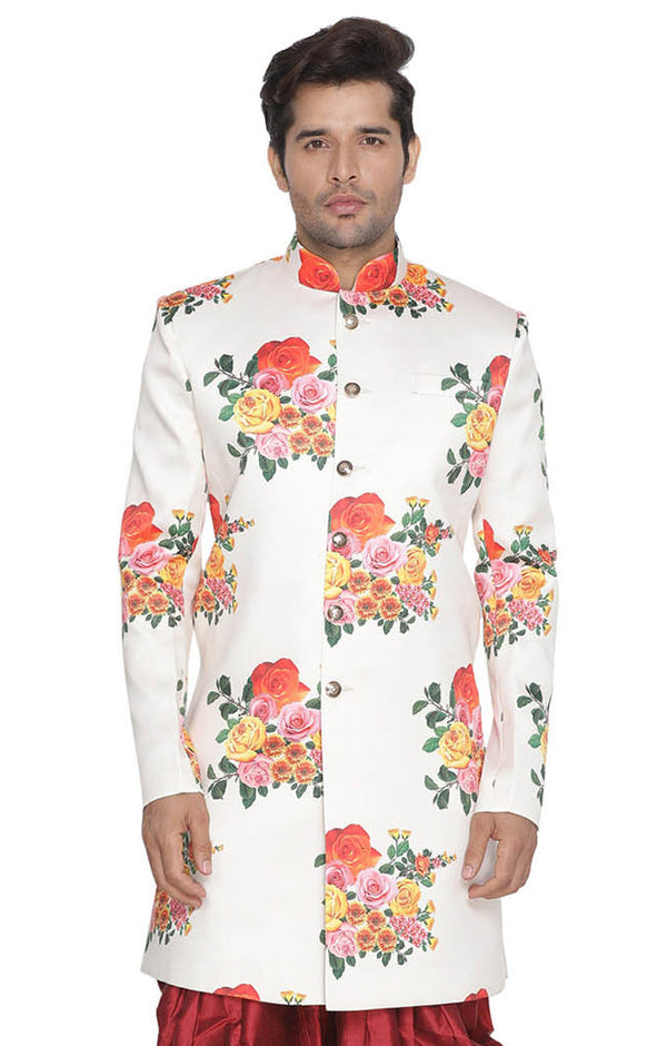 Jashvi Men' Off White Floral Print Sherwani Top