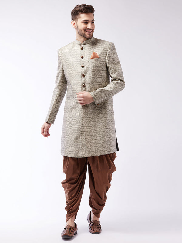 Jashvi Men's Beige, Grey And Coffee Brown Silk Blend Sherwani Set