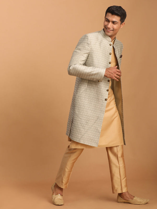 Jashvi Men's Beige Silk Blend Sherwani With Rose Gold Kurta Pant Set