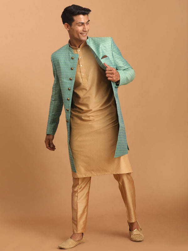 Jashvi Men's Green Silk Blend Sherwani With Rose Gold Kurta Pant Set