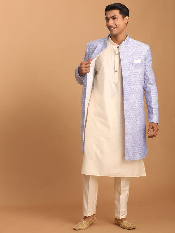 Jashvi Men's Lavender Sherwani With Cream Kurta And Pant Set