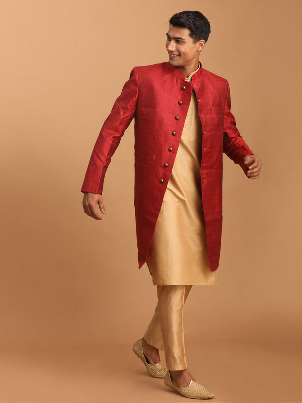 Jashvi Men's Maroon Silk Blend Sherwani With Rose Gold Kurta Pant Set