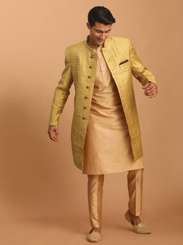 Jashvi Men's Yellow Silk Blend Sherwani With Rose Gold Kurta Pant Set