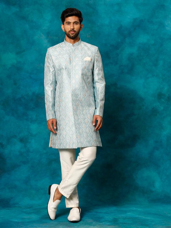 Jashvi Men's Mint Green Pastel Embroidered Sherwani Set