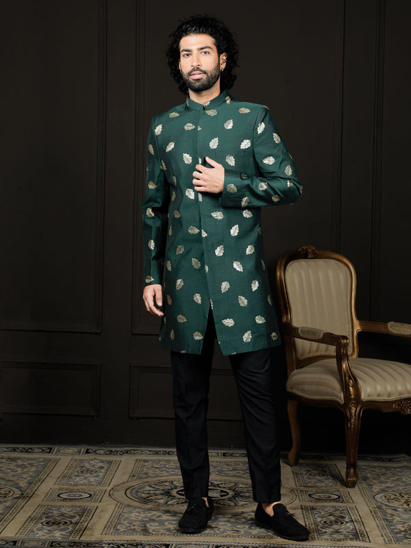 Jashvi Men's Green And Black Viscose Sherwani Set