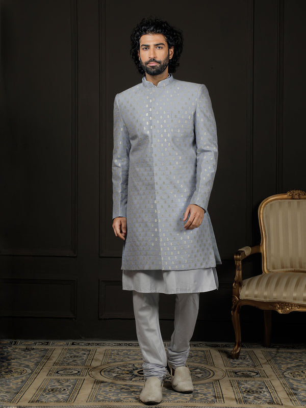 Jashvi Men's Aqua And Powder Blue Viscose Sherwani Set