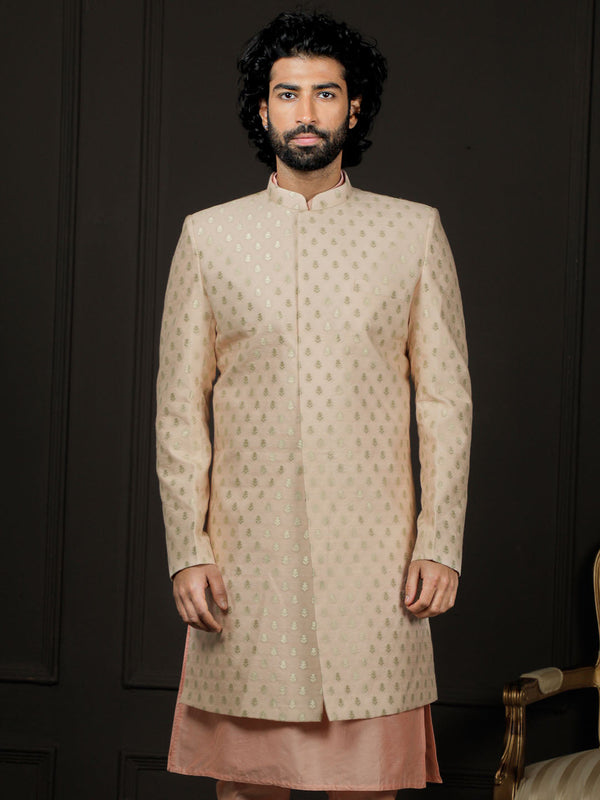 Jashvi Men's Peach Silk Blend Sherwani Only Top