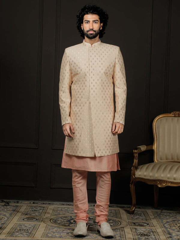 Jashvi Men's Peach Viscose Sherwani Set