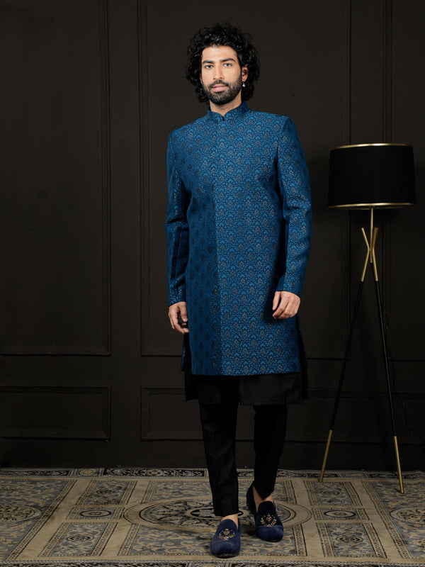 Jashvi Men's Turquoise And Black Viscose Sherwani Set