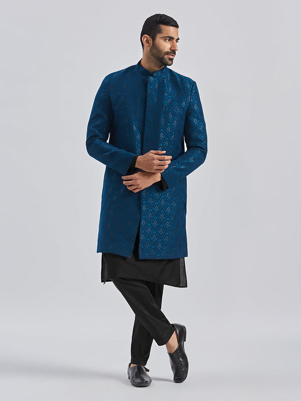 Jashvi Men's Turquoise And Black Viscose Sherwani Set