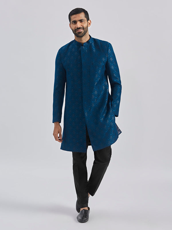 Jashvi Men's Turquoise And Black Silk Blend Sherwani Set