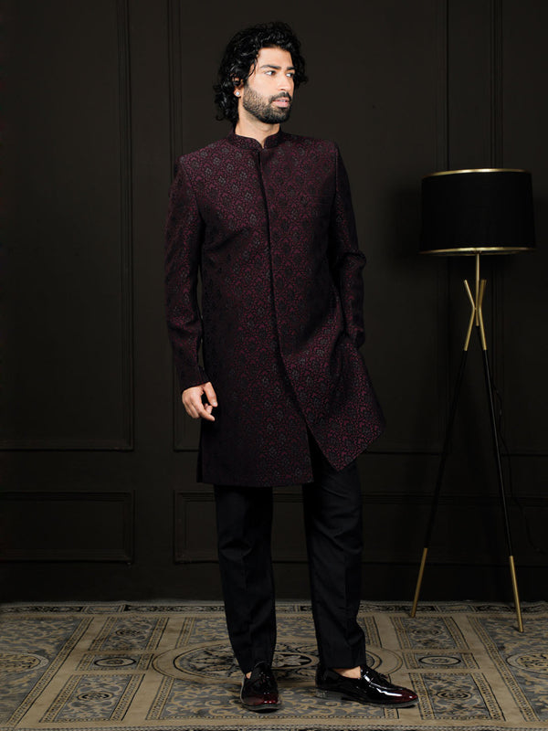 Jashvi Men's Wine Silk Blend Sherwani Only Top