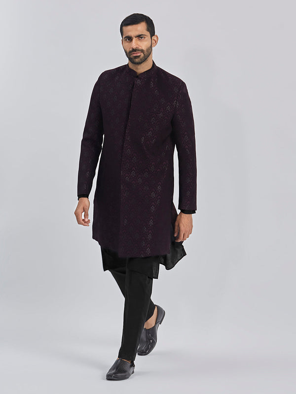 Jashvi Men's Wine And Black Viscose Sherwani Set