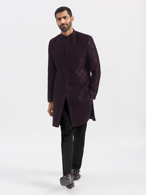 Jashvi Men's Wine Silk Blend Sherwani Set