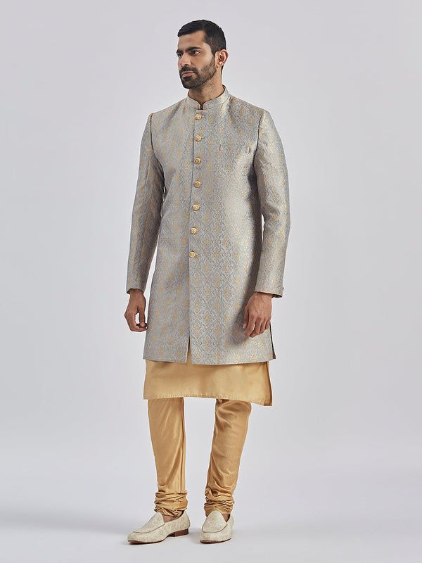 Jashvi Men's Rose Gold And Gray Viscose Sherwani Set