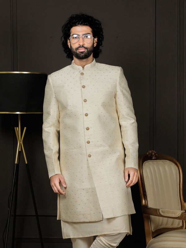 Jashvi Men's Cream Silk Blend Sherwani Only Top