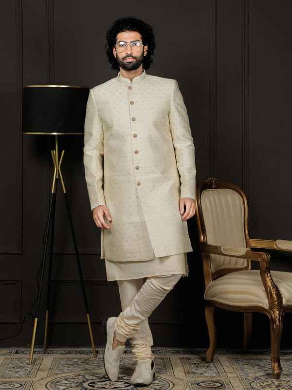 Jashvi Men's Cream Viscose Sherwani Set