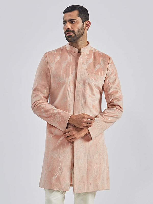 Jashvi Men's Peach And Cream Velvet Sherwani Only Top