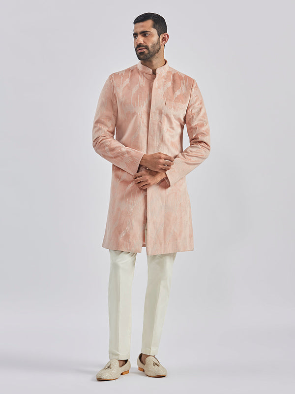 Jashvi Men's Peach Velvet Sherwani Set