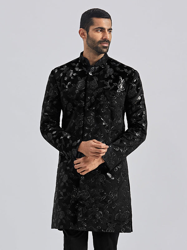 Jashvi Men's Black Velvet Sherwani Only Top