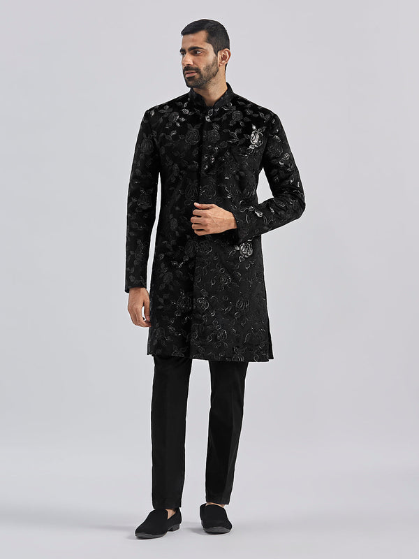 Jashvi Men's Black Velvet Sherwani Set