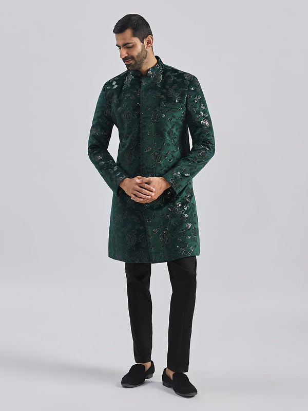 Jashvi Men's Bottle Green Velvet Sherwani Only Top