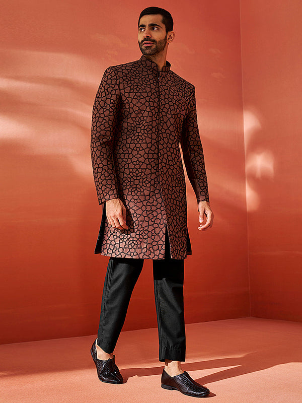 Jashvi Men's Rust And Black Silk Blend Sherwani Set