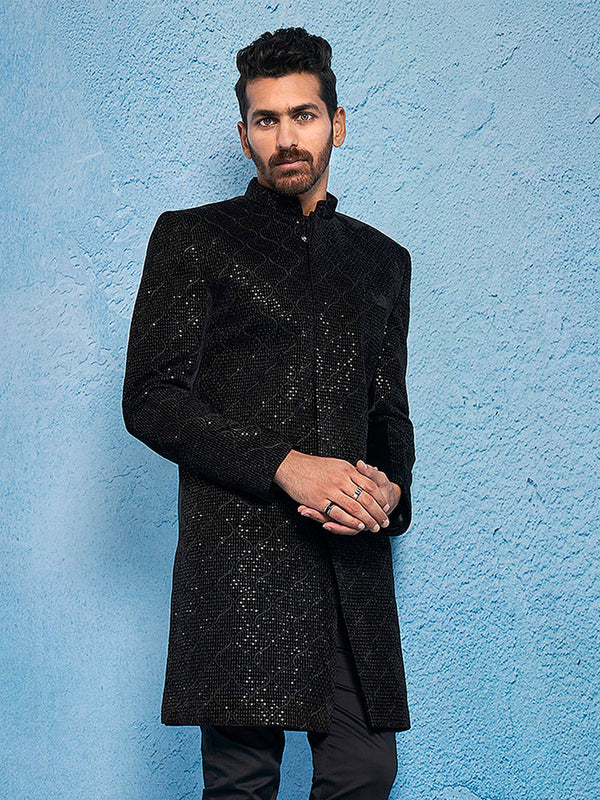 Jashvi Men's Black Velvet Sherwani Only Top