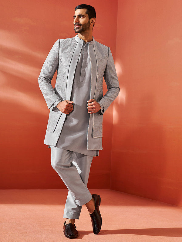 Jashvi Men's Silver Silk Blend Sherwani Set