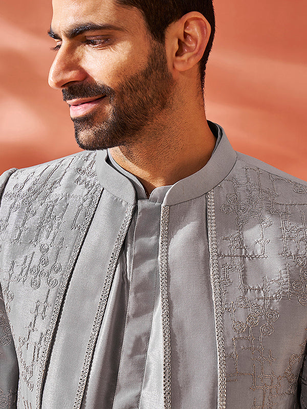 Jashvi Men's Silver Silk Blend Sherwani Only Top