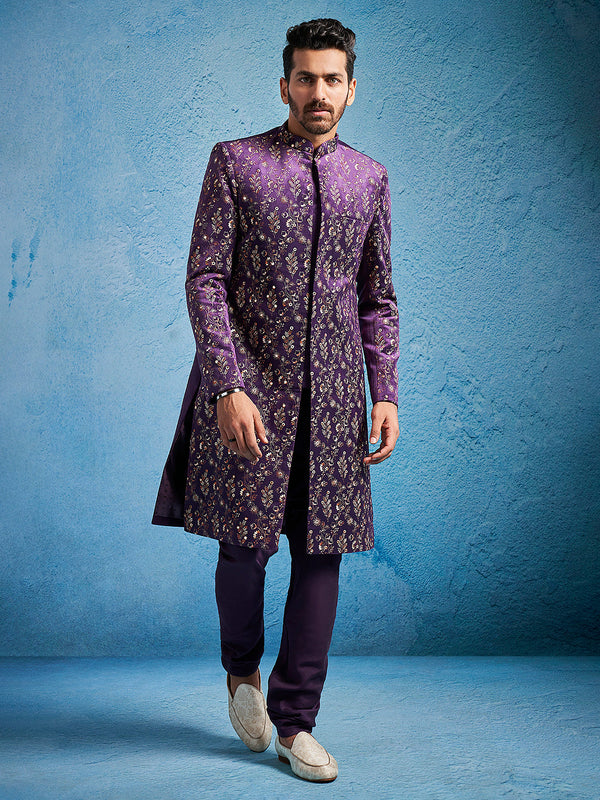 Jashvi Men's Purple Velvet Sherwani Only Top