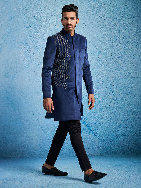 Jashvi Men's Blue Velvet Sherwani Set