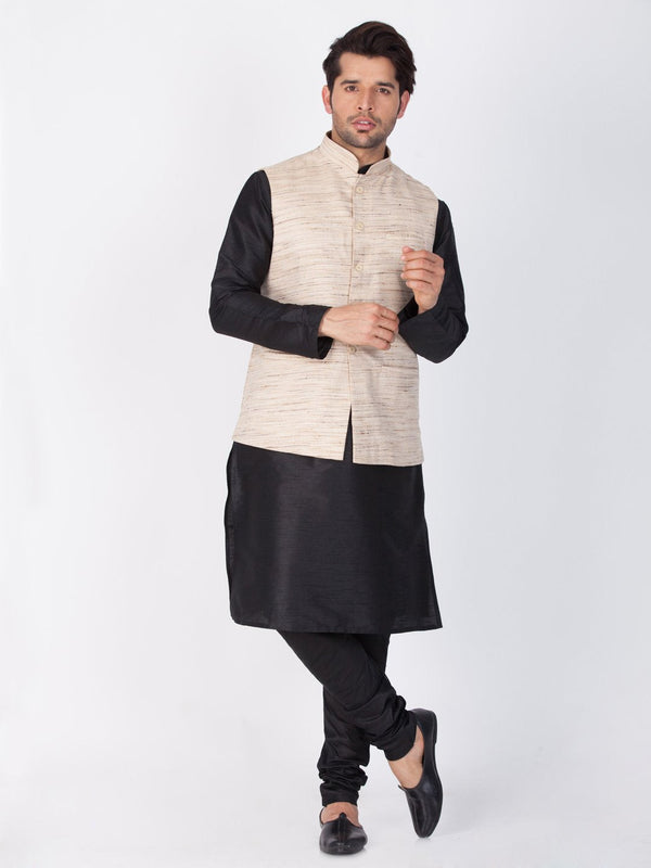 Men's Black Cotton Silk Blend Kurta, Ethnic Jacket and Pyjama Set - Vastramay