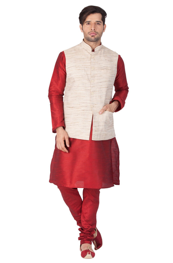 Men's Maroon Cotton Silk Blend Kurta, Ethnic Jacket and Pyjama Set - Vastramay