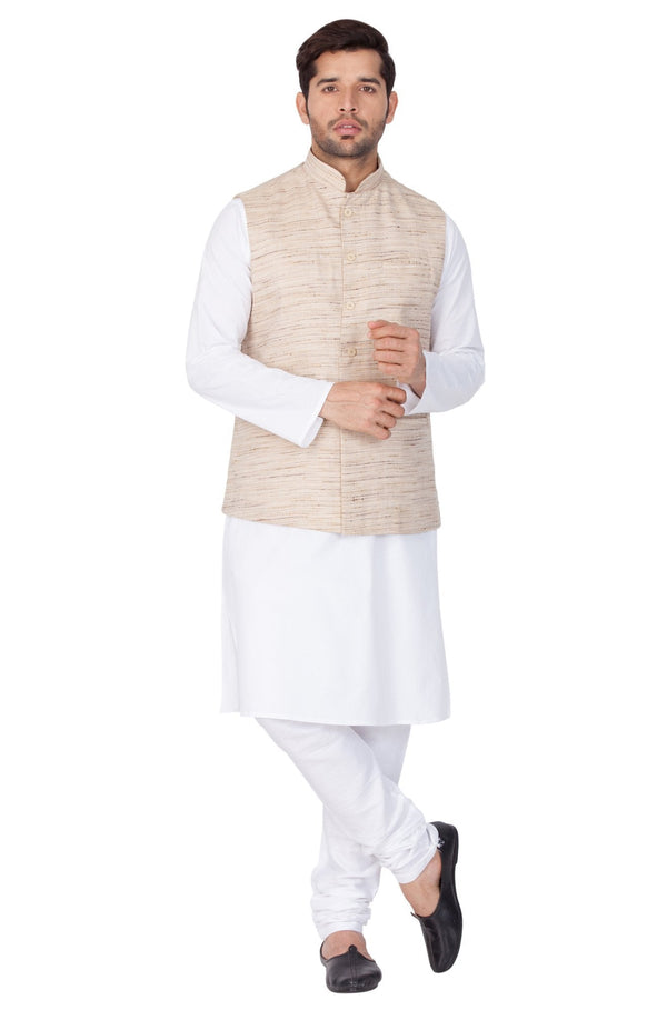 Men's White Cotton Blend Kurta, Ethnic Jacket and Pyjama Set - Vastramay