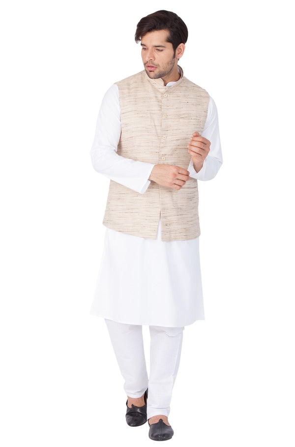 Men's White Cotton Blend Kurta, Ethnic Jacket and Pyjama Set - Vastramay