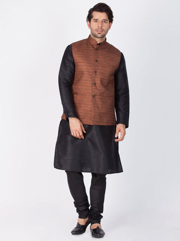 Jashvi Men's Black Cotton Silk Blend Kurta, Ethnic Jacket and Pyjama Set