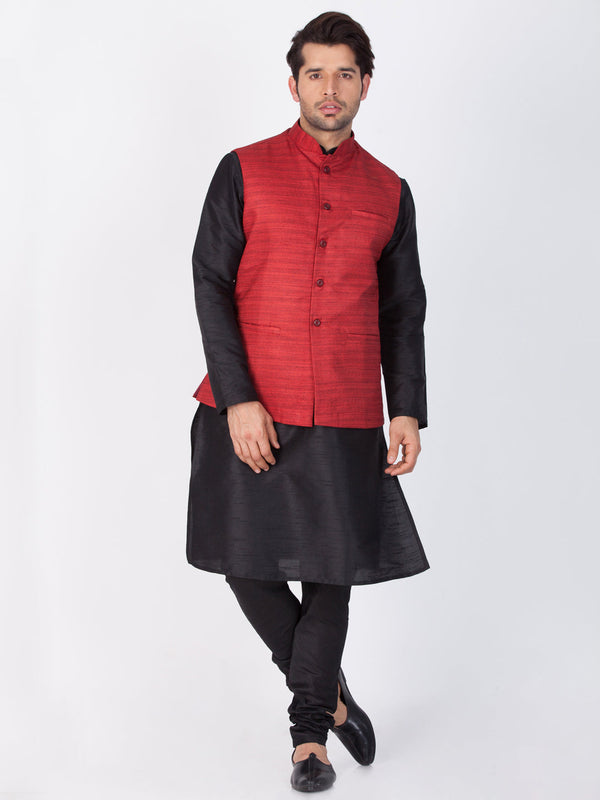 Jashvi Men's Black Cotton Silk Blend Kurta, Ethnic Jacket and Pyjama Set